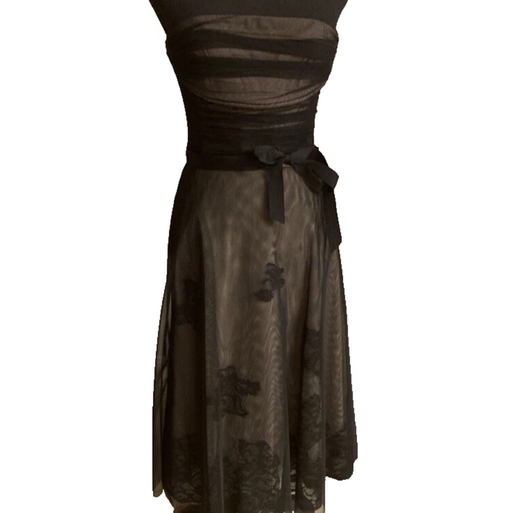 Y2K does 1950's Sheer Chiffon Black Party Formal Strapless Dress Illusion Lace 6